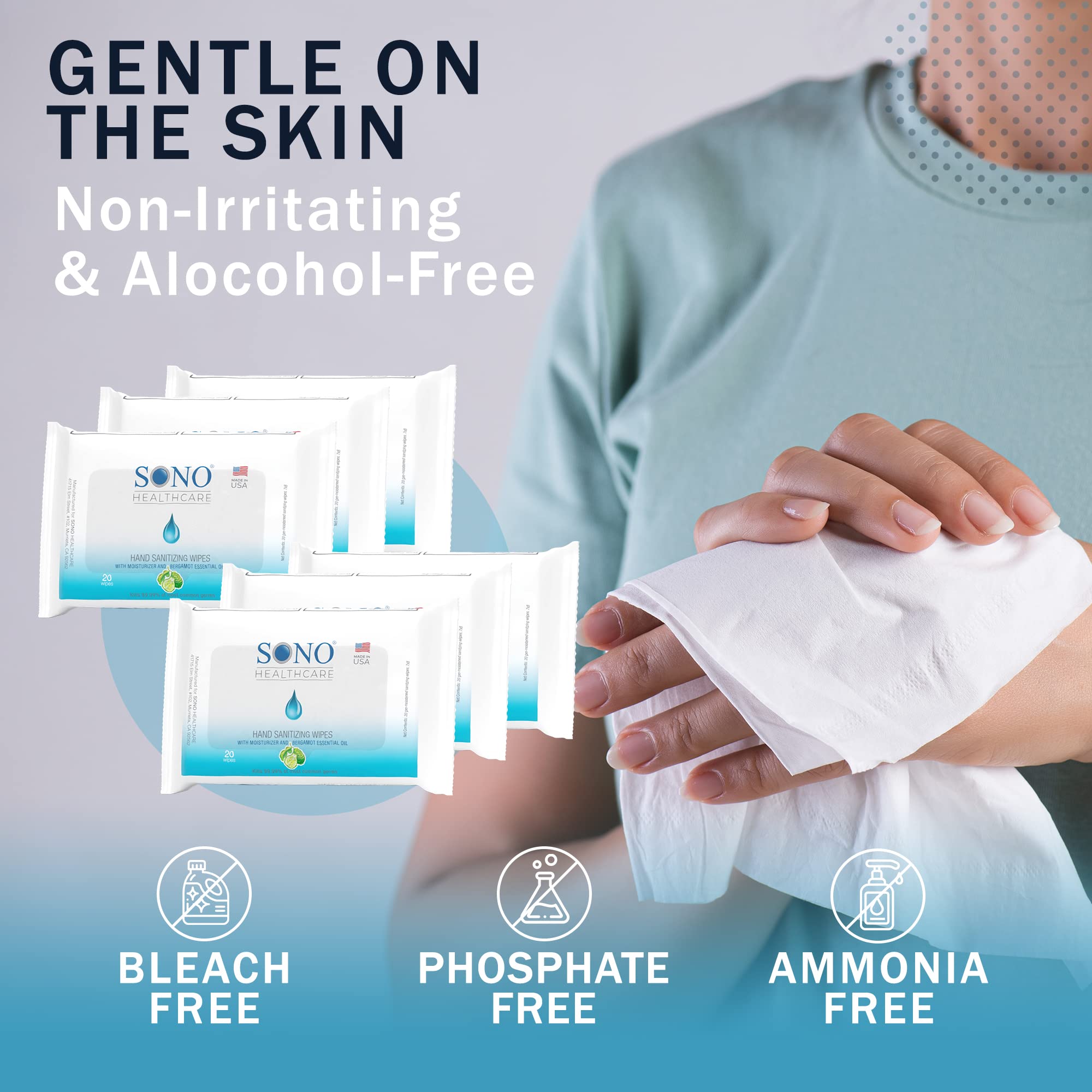 SONO Sanitizing Hand Wipes with Bergamot & Aloe Essential Oil - Stay Refreshed On-the-Go - Hand Cleaning Solution for a Pleasant and Thorough Sanitization Experience - 6 Packs of 20 Wipes Each