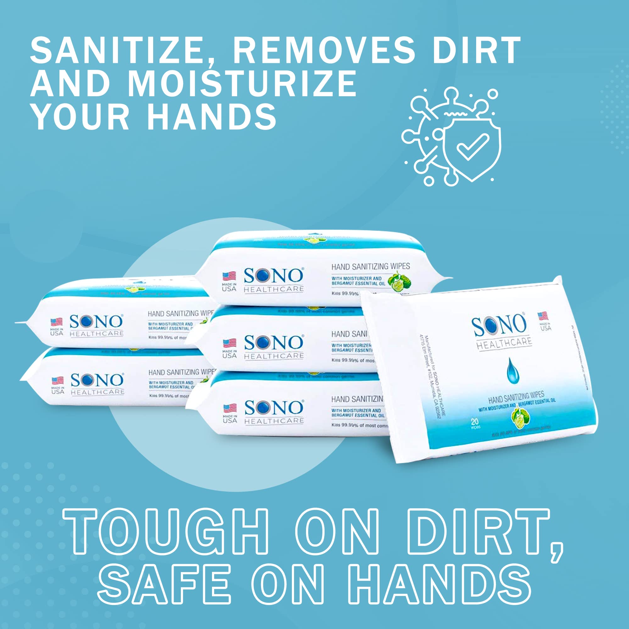 SONO Sanitizing Hand Wipes with Bergamot & Aloe Essential Oil - Stay Refreshed On-the-Go - Hand Cleaning Solution for a Pleasant and Thorough Sanitization Experience - 6 Packs of 20 Wipes Each