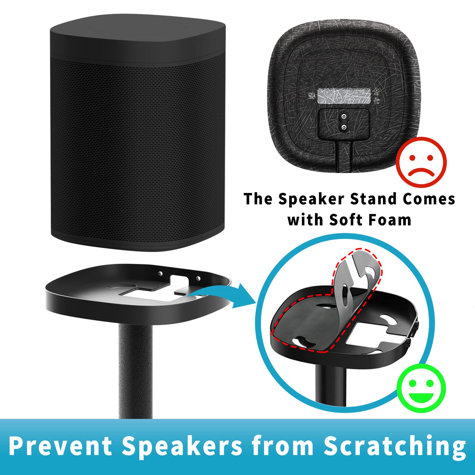 Speaker Stand for Sonos One, One SL & Play 1 Speaker with Speaker Covers and Speaker Stickers, Heavy Duty Floor Speaker Stands for Sonos Speaker Stands with Cable Management, 2 Pack (Black)