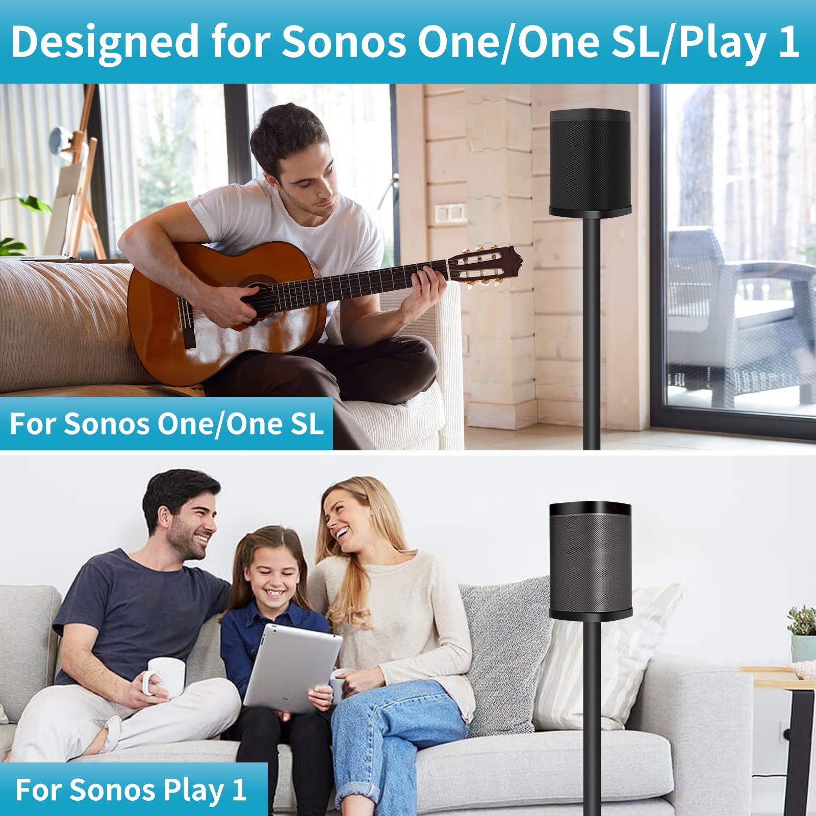 Speaker Stand for Sonos One, One SL & Play 1 Speaker with Speaker Covers and Speaker Stickers, Heavy Duty Floor Speaker Stands for Sonos Speaker Stands with Cable Management, 2 Pack (Black)