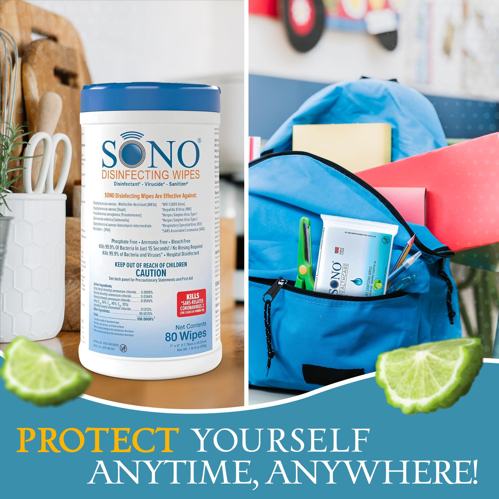 SONO Disinfecting Wipes - Medical-Grade, Alcohol-Free, No Bleach - Multi-Surface Cleaning Wipes for Home, School, Office - 160 CT (Canister of 2) + 1 Pack of Hand Sanitizing Wipes