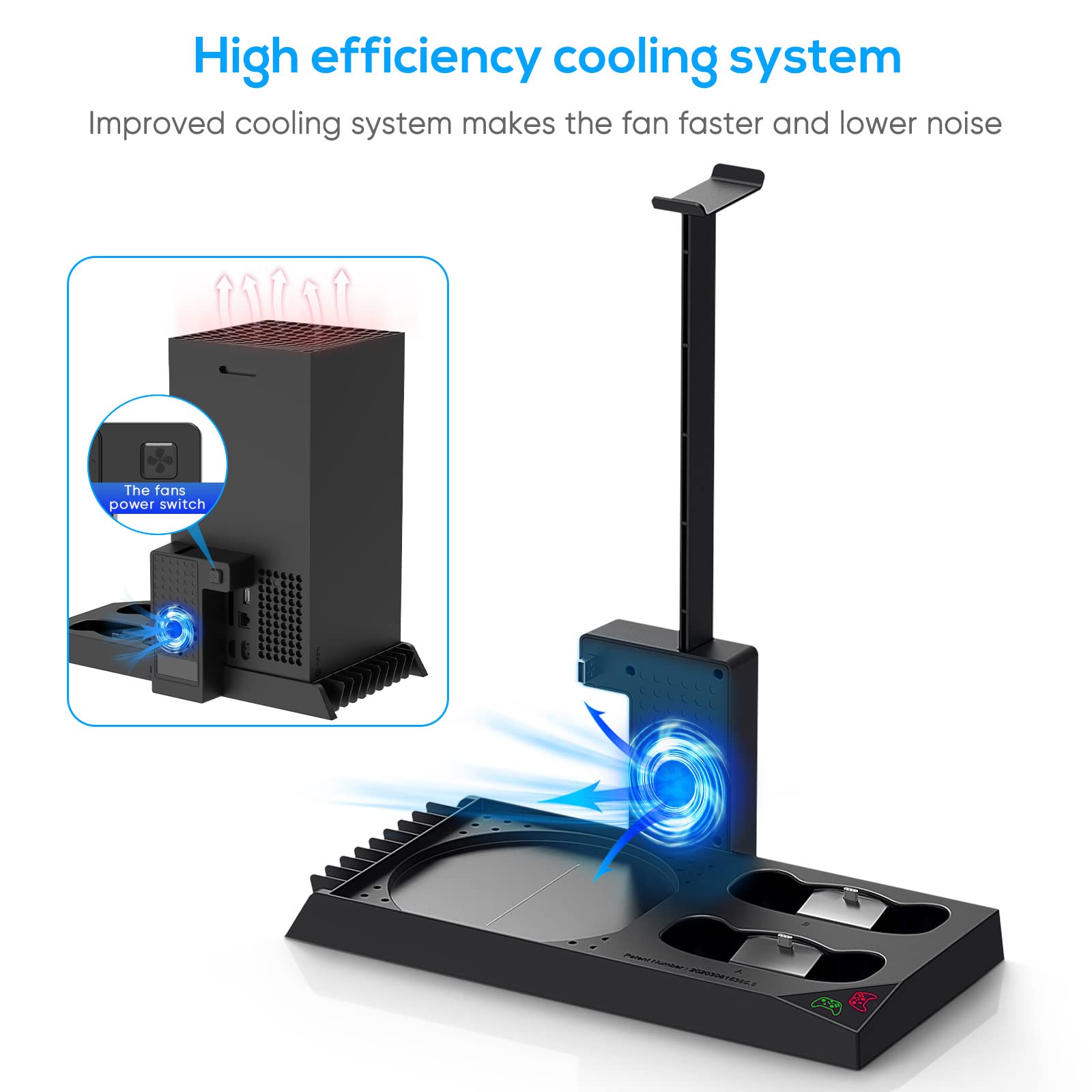 MENEEA Charging Stand with Cooling Fan for Xbox Series X Console and Controller,Vertical Dual Charger Station Dock Accessories with 2 x 1400mAh Rechargeable Battery and Cover Storage (Black)