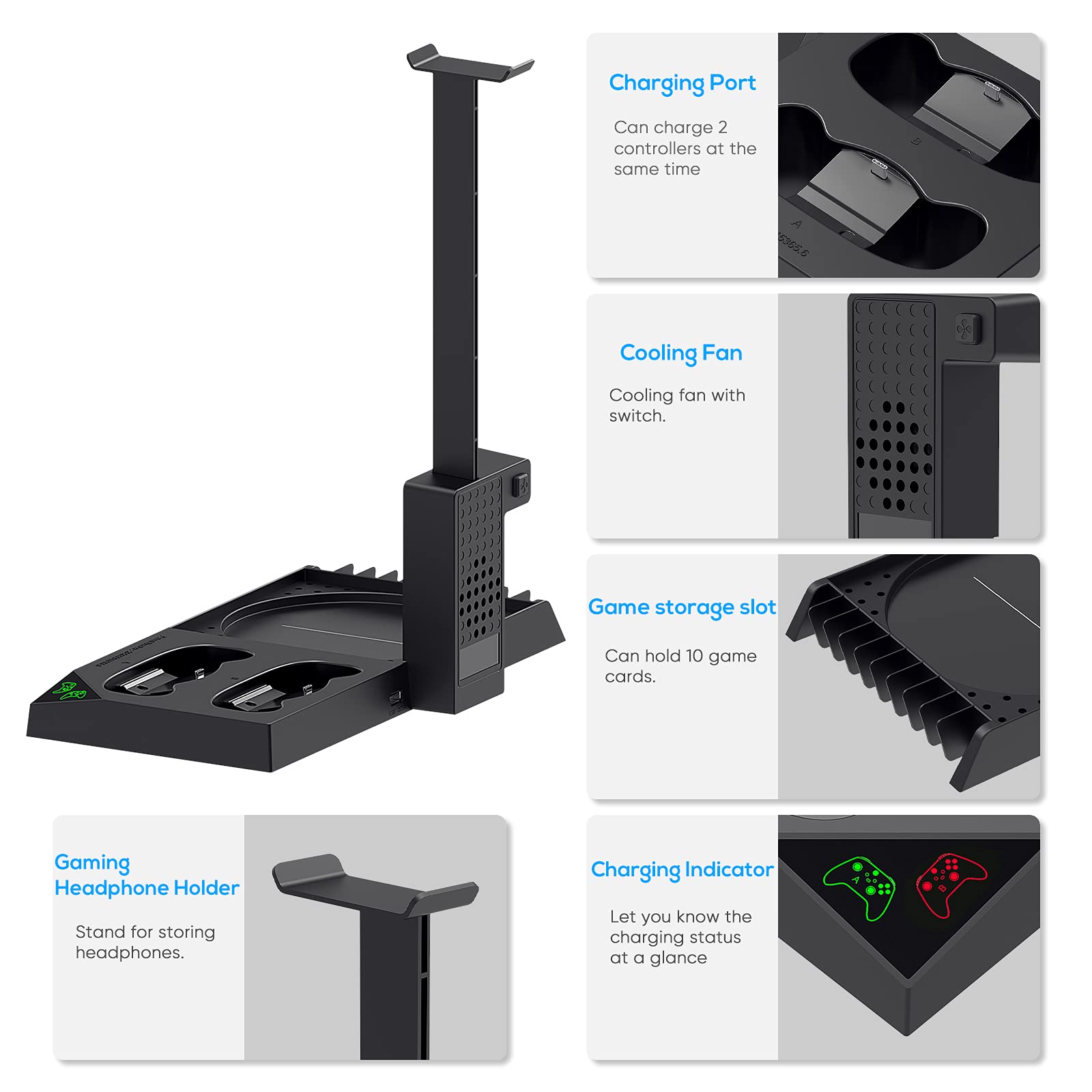 MENEEA Charging Stand with Cooling Fan for Xbox Series X Console and Controller,Vertical Dual Charger Station Dock Accessories with 2 x 1400mAh Rechargeable Battery and Cover Storage (Black)