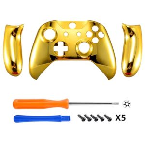 eXtremeRate Chrome Gold Top Shell Front Housing Faceplate Replacement Parts with Side Rails Panel for Xbox One X & One S Controller (Model 1708)