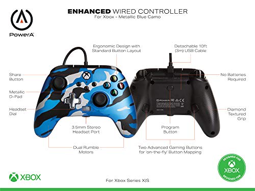 PowerA Enhanced Wired Controller for Xbox Series X|S - Metallic Blue Camo, gamepad, wired video game controller, gaming controller, Officially Licensed for Xbox