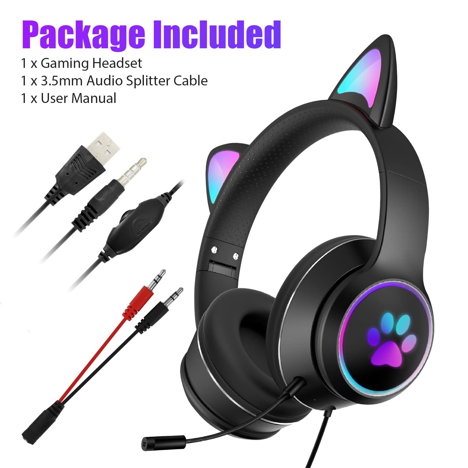 Atrasee Stereo Gaming Headset for PS4 PC PS5 Xbox One Nintendo Switch, Wired Cat Ear Headphones with Mic, Surround Bass, Soft Earmuffs, Noise Cancelling Over Ear Headphones for Girls Kids, Black