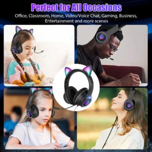 Atrasee Stereo Gaming Headset for PS4 PC PS5 Xbox One Nintendo Switch, Wired Cat Ear Headphones with Mic, Surround Bass, Soft Earmuffs, Noise Cancelling Over Ear Headphones for Girls Kids, Black