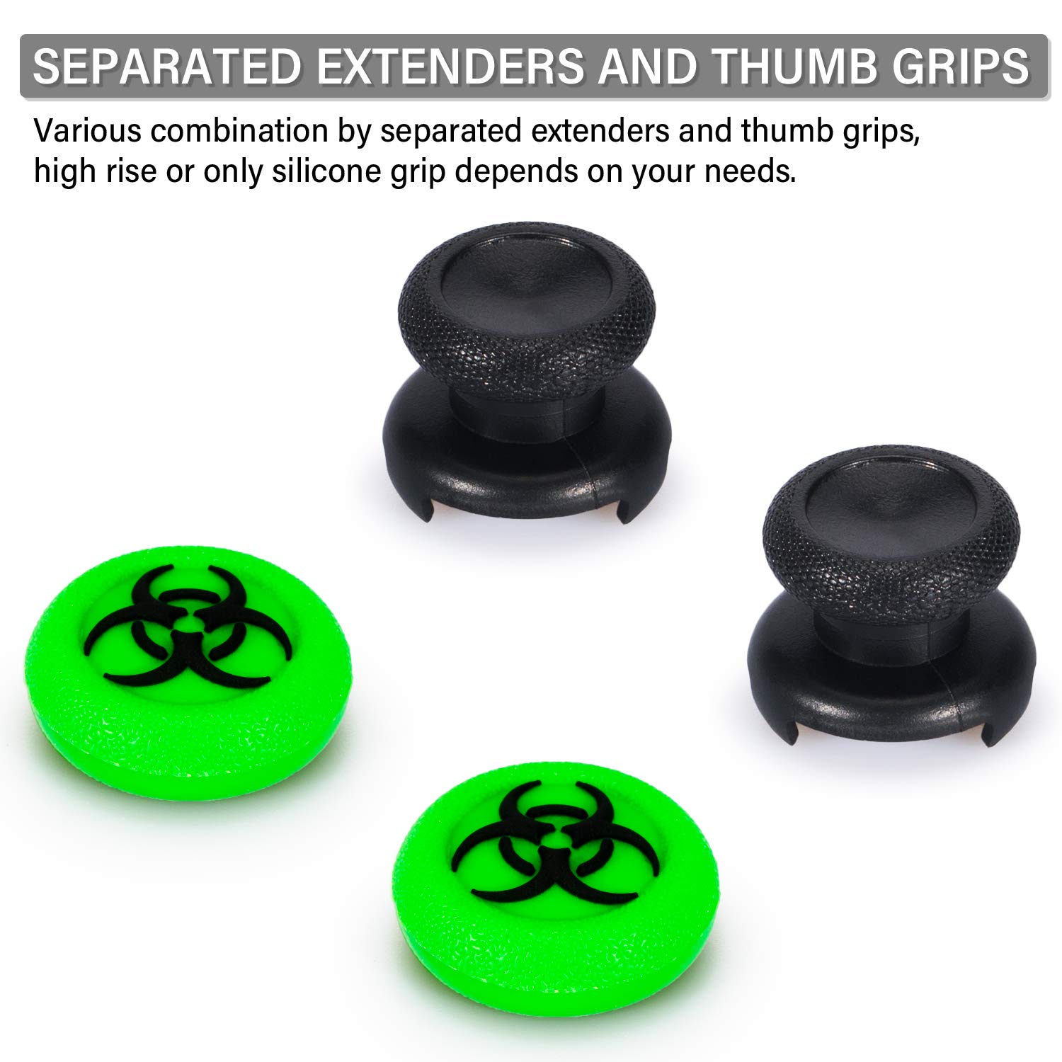 Playrealm FPS Thumbstick Extender & 3D Texture Rubber Silicone Grip Cover 2 Sets for Xbox Series X/S & Xbox One Controller(BioH Green)