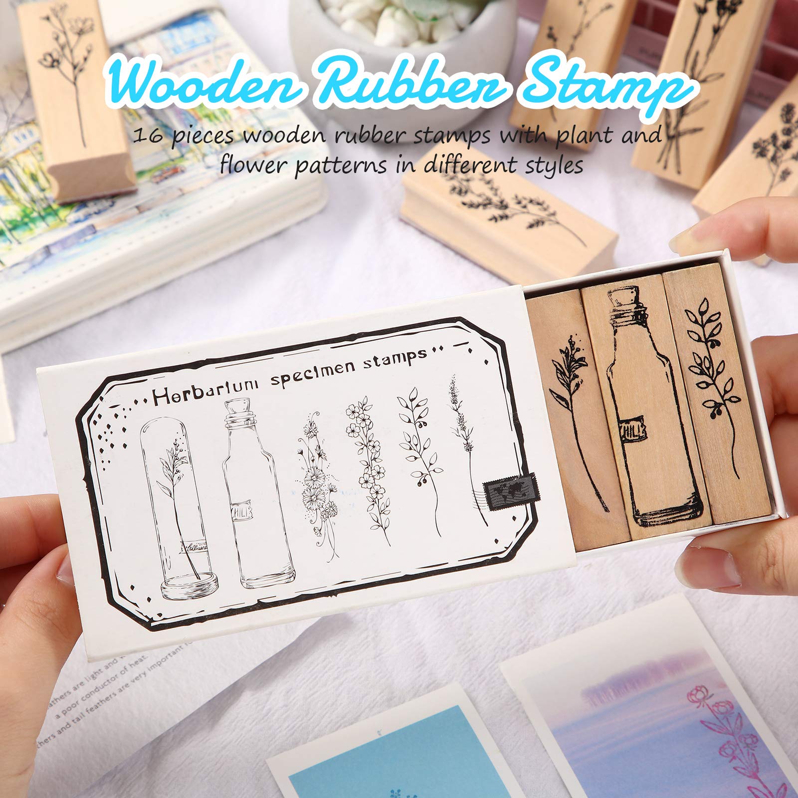 16 Pieces Vintage Wood Rubber Stamps Flower and Plant Decorative Rubber Stamp Wooden Mounted Stamp Set for DIY Crafting, Scrapbook, Painting, Letters Diary, Teaching and Card Making