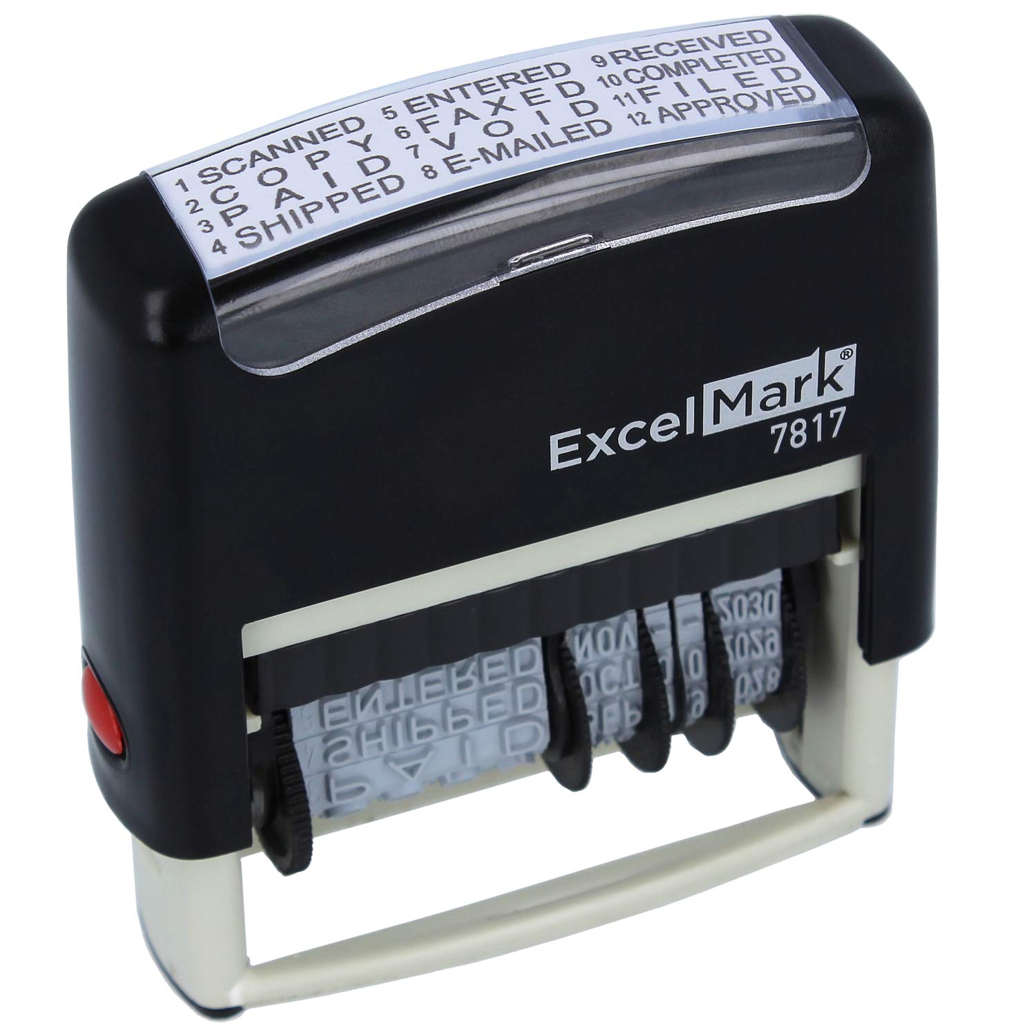 ExcelMark 12 Phrase Self-Inking Date Stamp - 2" x 1/4" Impression - Black Ink (7817)