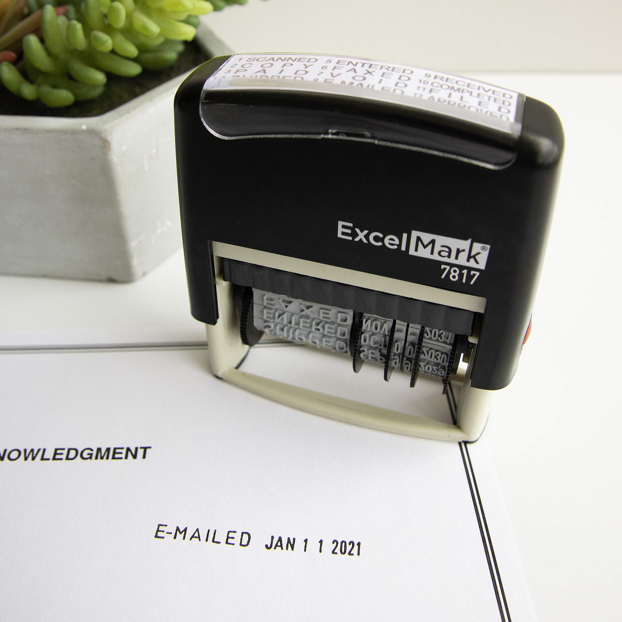 ExcelMark 12 Phrase Self-Inking Date Stamp - 2" x 1/4" Impression - Black Ink (7817)