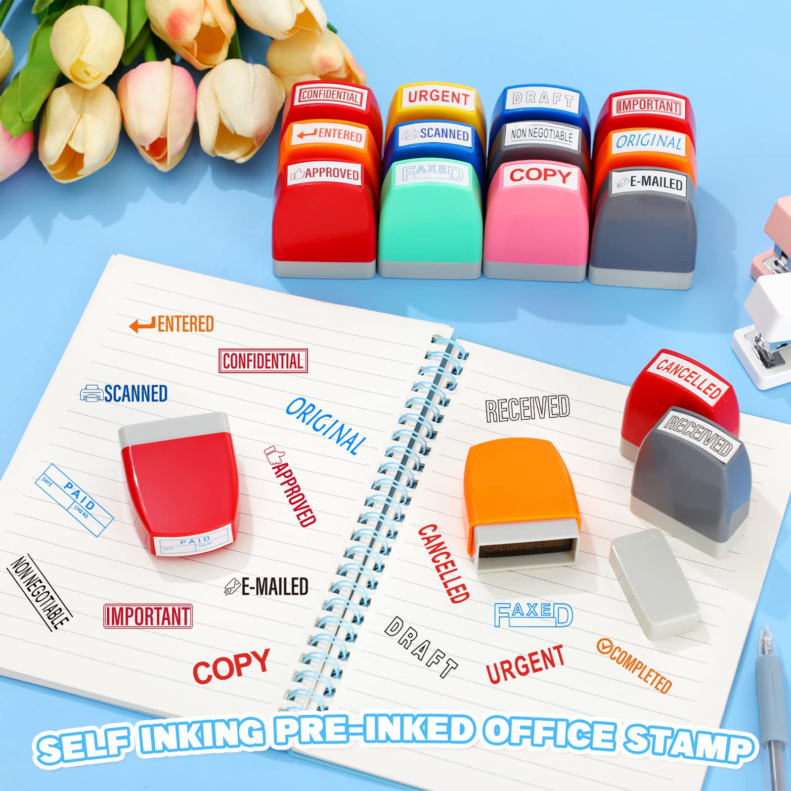 Crtiin 16 Pcs Office Stamp Set Message Self Inking Rubber Stamp Set for Office Stamps Completed Faxed Scanned Stamps for Office Message Supplies (Mixed Colors)