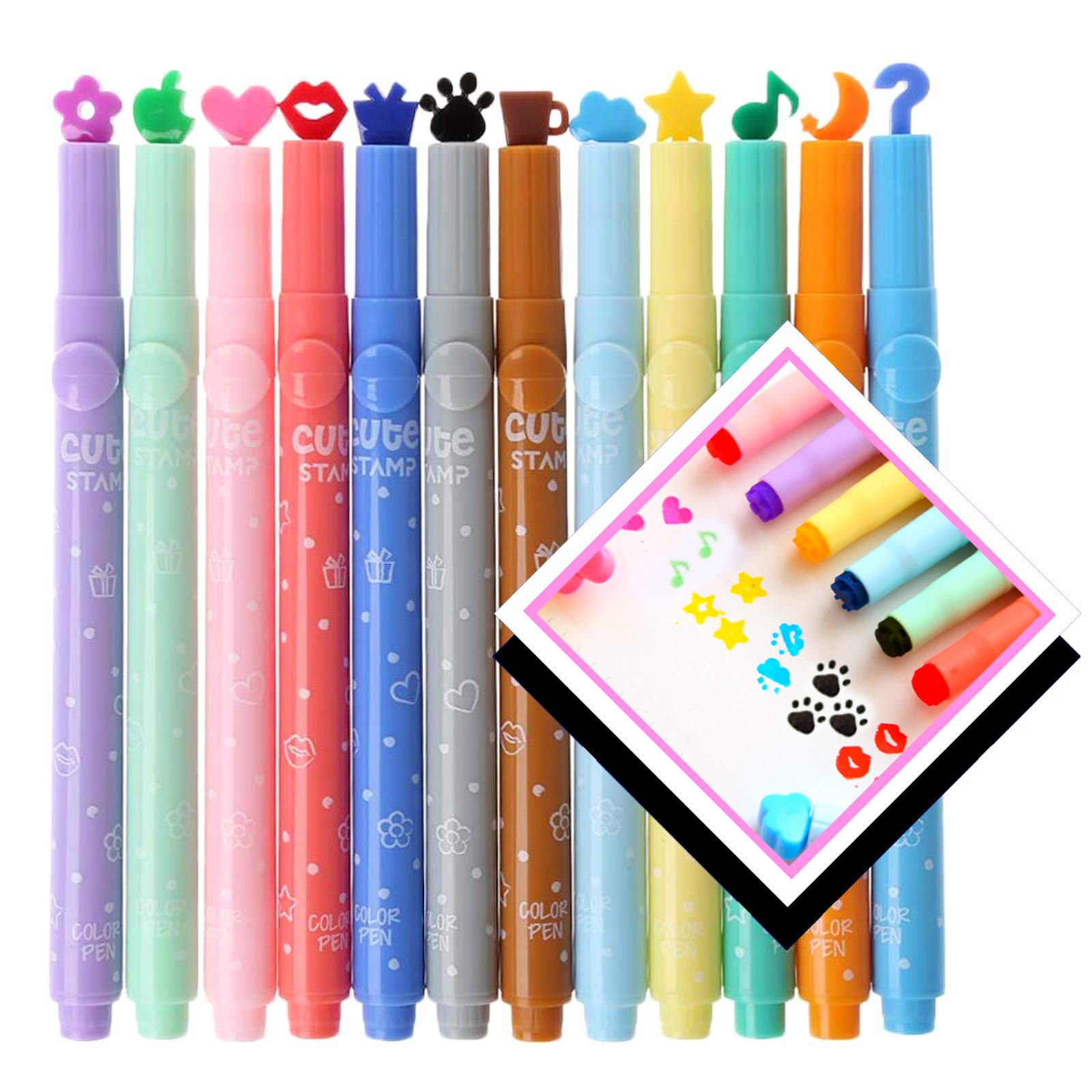 FOTN Cute Kawaii Novelty Stamp Highlighter Pen Marker Assorted Love Star Bear Paw Music Cloud Kiss Shape School Kids Student Creative Stationery 12 Color (Highlighter, 12)