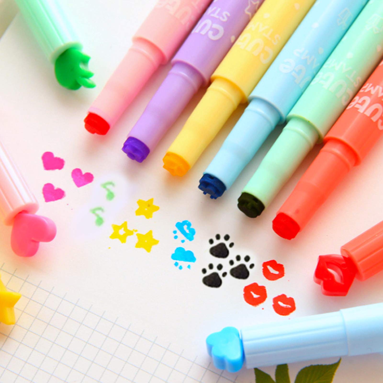 FOTN Cute Kawaii Novelty Stamp Highlighter Pen Marker Assorted Love Star Bear Paw Music Cloud Kiss Shape School Kids Student Creative Stationery 12 Color (Highlighter, 12)