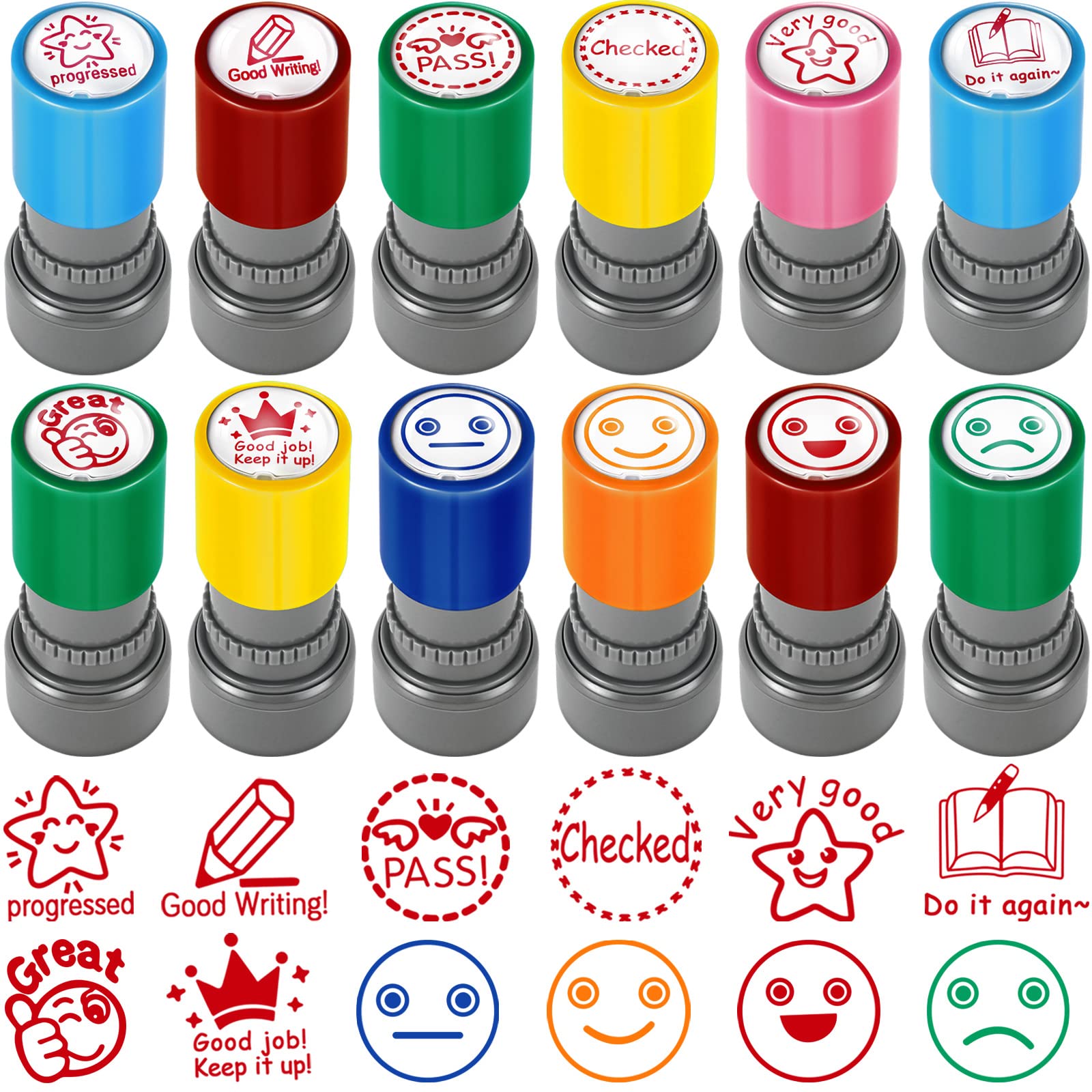 12 Pack Sorted Teacher Stamp Self-Inking Rubber Stamps Picture Stamps for Teachers Motivation Stamps Teacher Review Photosensitive Stamps Behavior Stamps for Kids Students School Classroom Homework