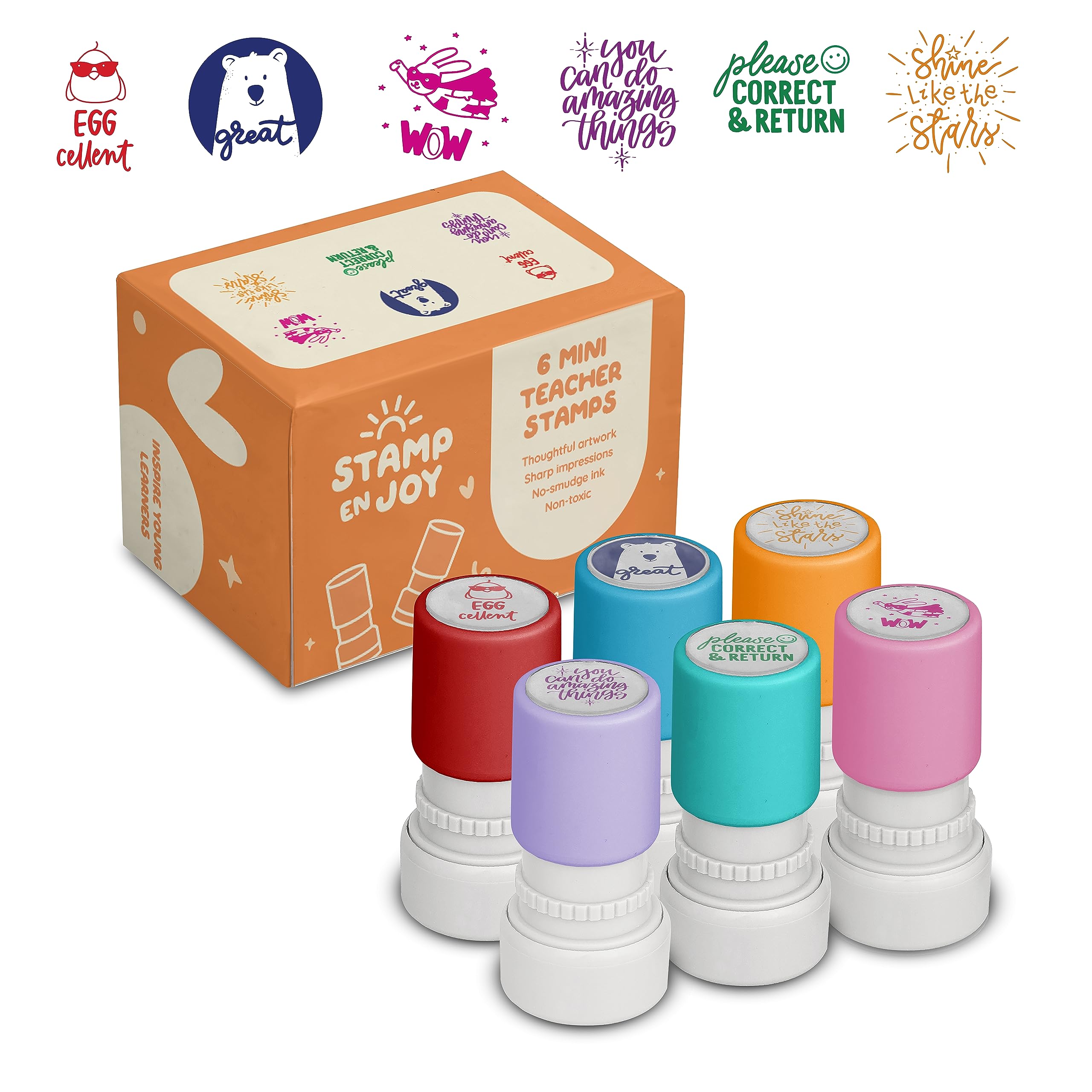 Stamp Enjoy - 6 Self-Ink Flash Stamp Set, Multicolor Teacher Stamps, Office Stationery Stamps, Pre-Inked, Refillable Stamps (Celebration Set)