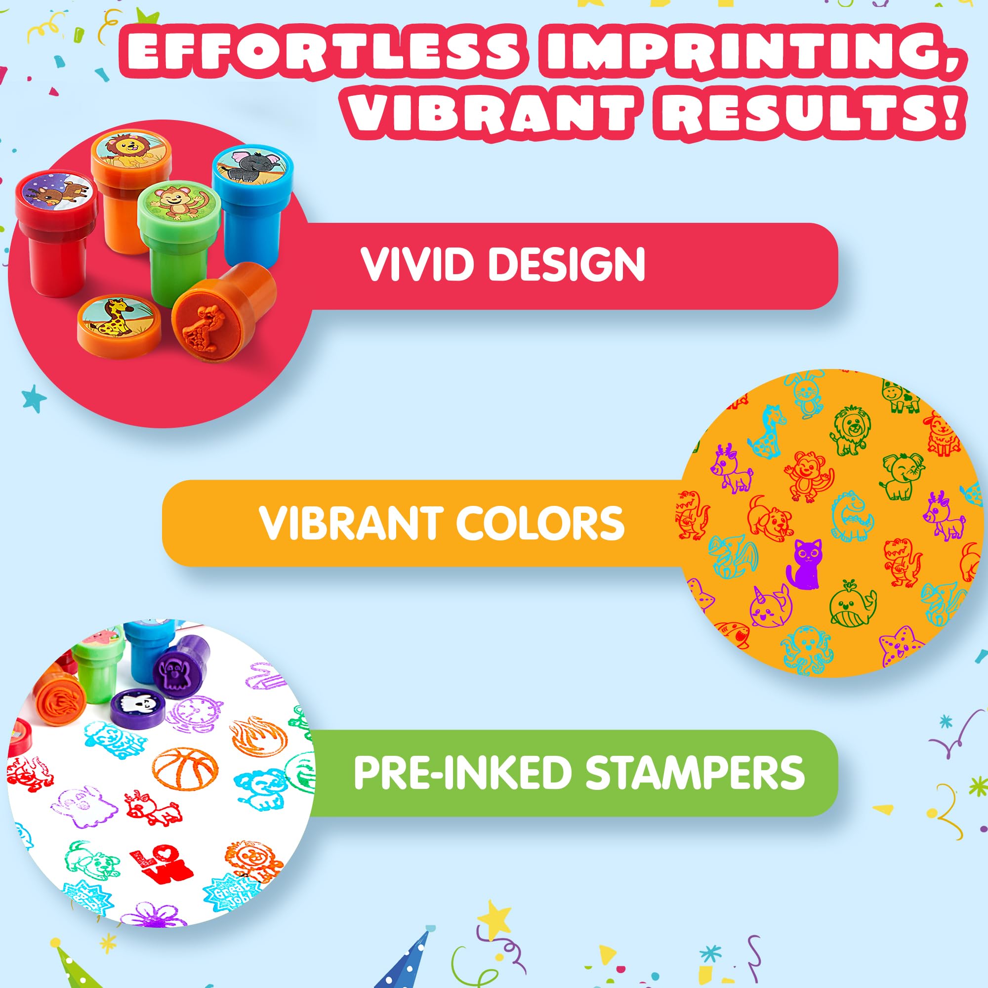 JOYIN 50 Pcs Assorted Stamps for Kids - Self-ink Stamps with 50 Designs for Birthday Party Favor, Carnival Prizes, School Stampers, Goodie Bag, Halloween, Christmas (Zoo, Holiday Stampers)