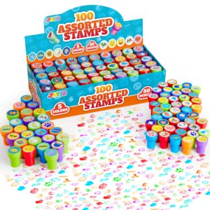 joyin 100pcs assorted stamps for kids self-ink stamps for party favor, teacher stamps, kids treasure box, prize for classroom, easter egg stuffers (50 designs, dinosaur, halloween stampers)