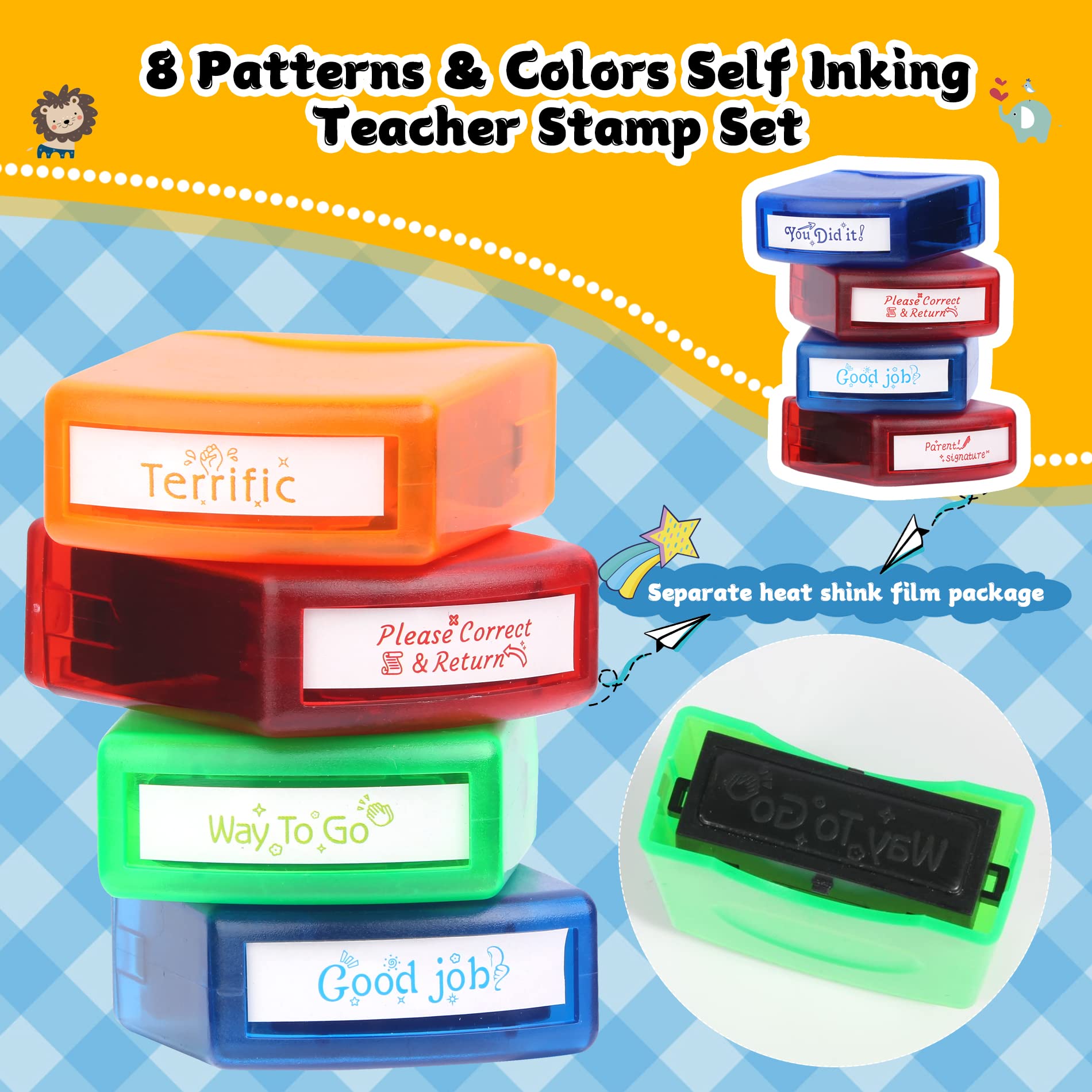 Hmseng Self-Inking Teacher Stamp Set (8PCS) for Grading Classroom Teachers Review Homework Feedback Parents Signature Colorful Business Stamps-Design2