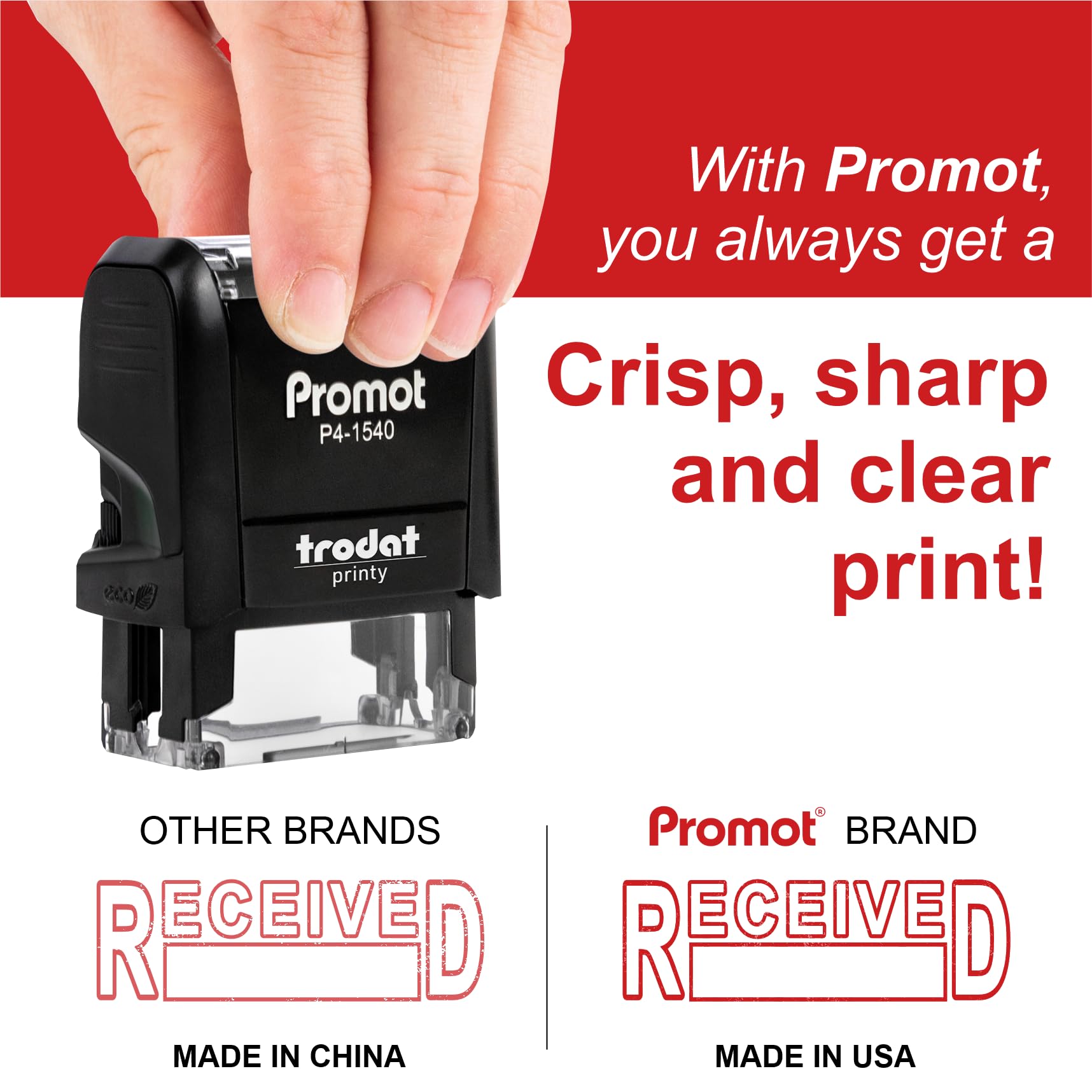 Promot Received Self Inking Rubber Stamp - Refillable Received Stamper - Business, Bookkeeping, Ordering, Accounting, Work, Office Stamps - Red Ink