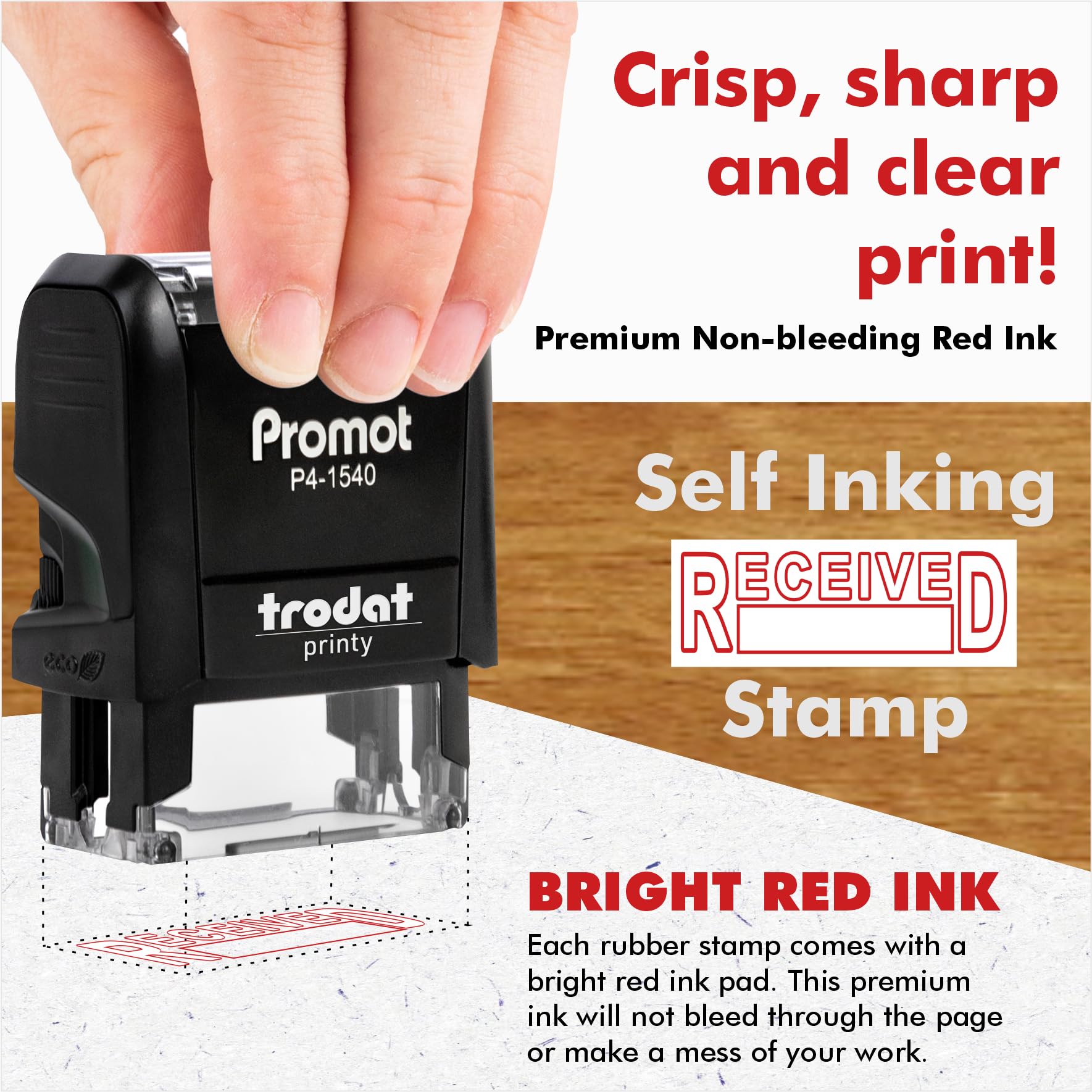 Promot Received Self Inking Rubber Stamp - Refillable Received Stamper - Business, Bookkeeping, Ordering, Accounting, Work, Office Stamps - Red Ink