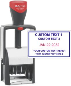 maxmark heavy duty date stamp with 4-line custom text, self inking date stamp - 2160 - choose from many font and color options