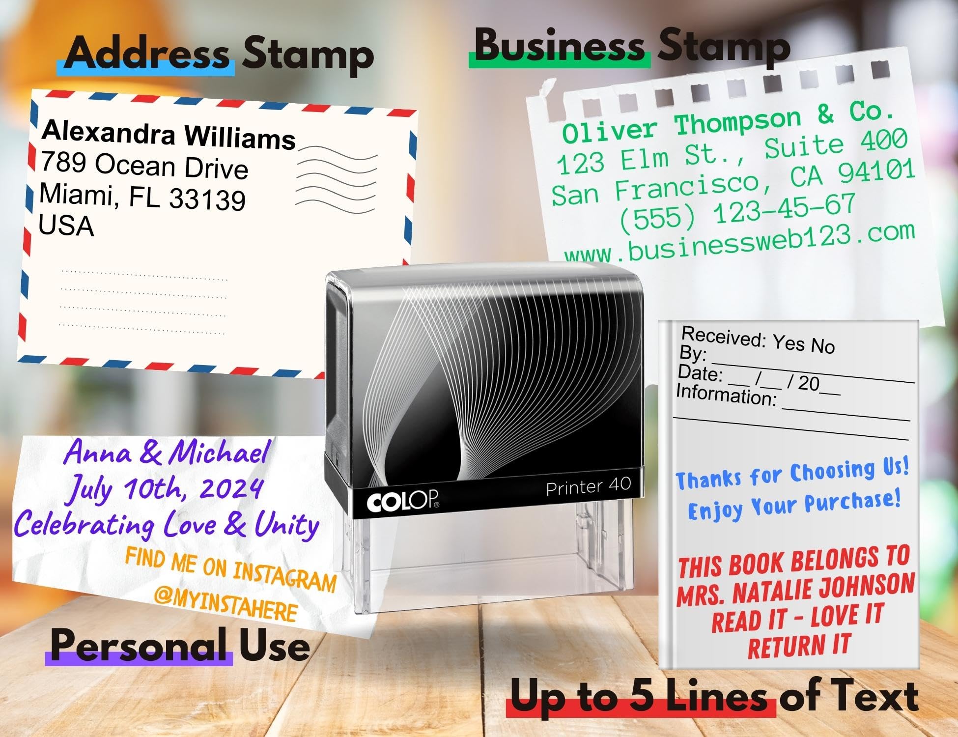 StampBee Large size Custom Stamp - Up to 5 Lines of Personalized Text, 6 Ink Colors & Many Fonts, Self Inking Business Stamp, Personal use, Return Address, Labels, Name, Office Supplies, Rubber Stamps