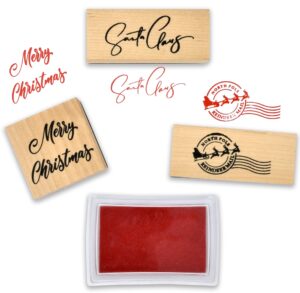 christmas wooden rubber stamps set of 3 merry christmas santa claus signature and north pole reindeer mail stamp with red ink pad for holiday xmas letter envelopes gifts letters to and from santa