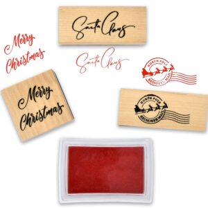 Christmas Wooden Rubber Stamps Set of 3 Merry Christmas Santa Claus Signature and North Pole Reindeer Mail Stamp with Red Ink Pad for Holiday Xmas Letter Envelopes Gifts Letters to and from Santa