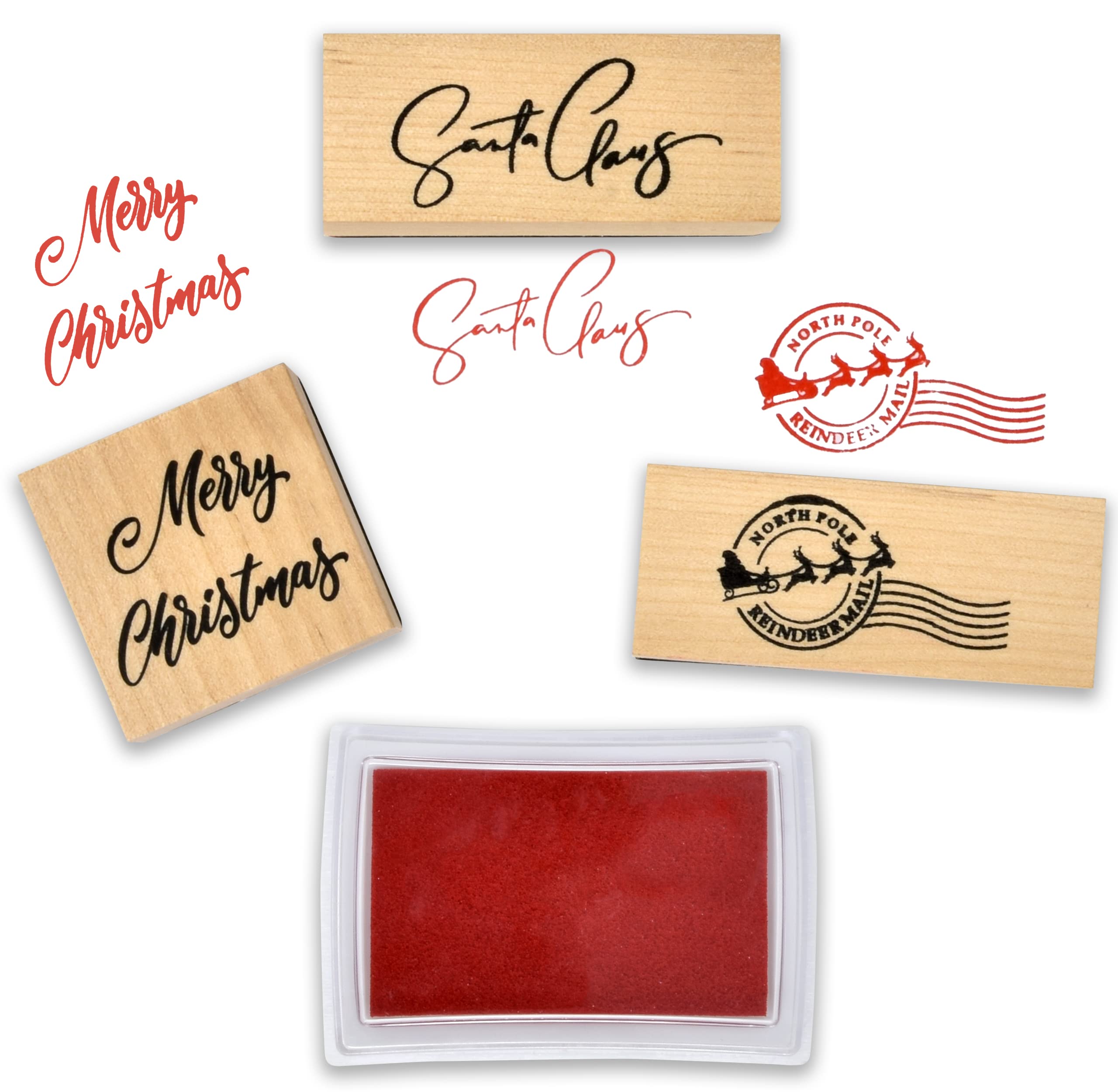 Christmas Wooden Rubber Stamps Set of 3 Merry Christmas Santa Claus Signature and North Pole Reindeer Mail Stamp with Red Ink Pad for Holiday Xmas Letter Envelopes Gifts Letters to and from Santa