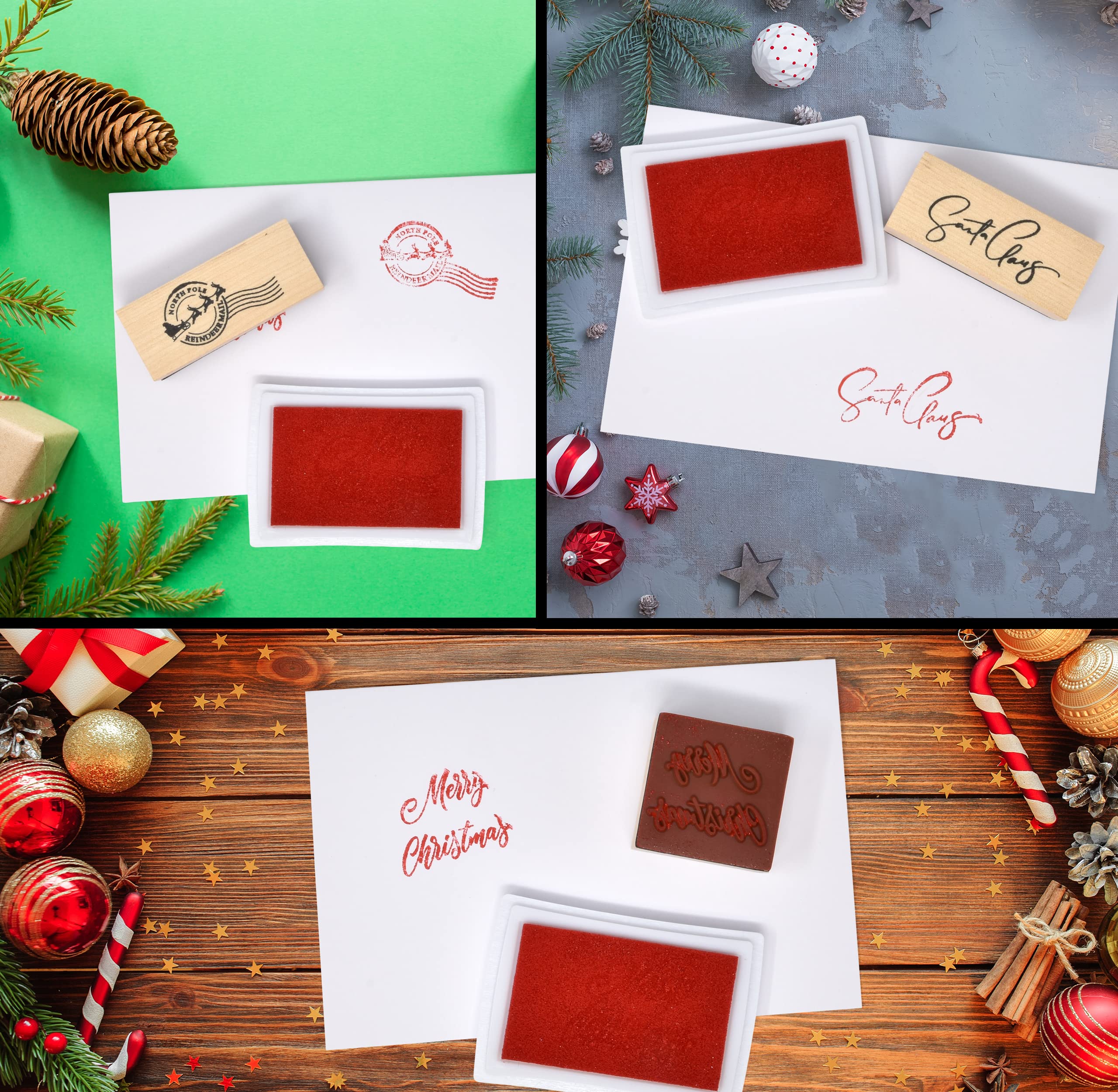 Christmas Wooden Rubber Stamps Set of 3 Merry Christmas Santa Claus Signature and North Pole Reindeer Mail Stamp with Red Ink Pad for Holiday Xmas Letter Envelopes Gifts Letters to and from Santa