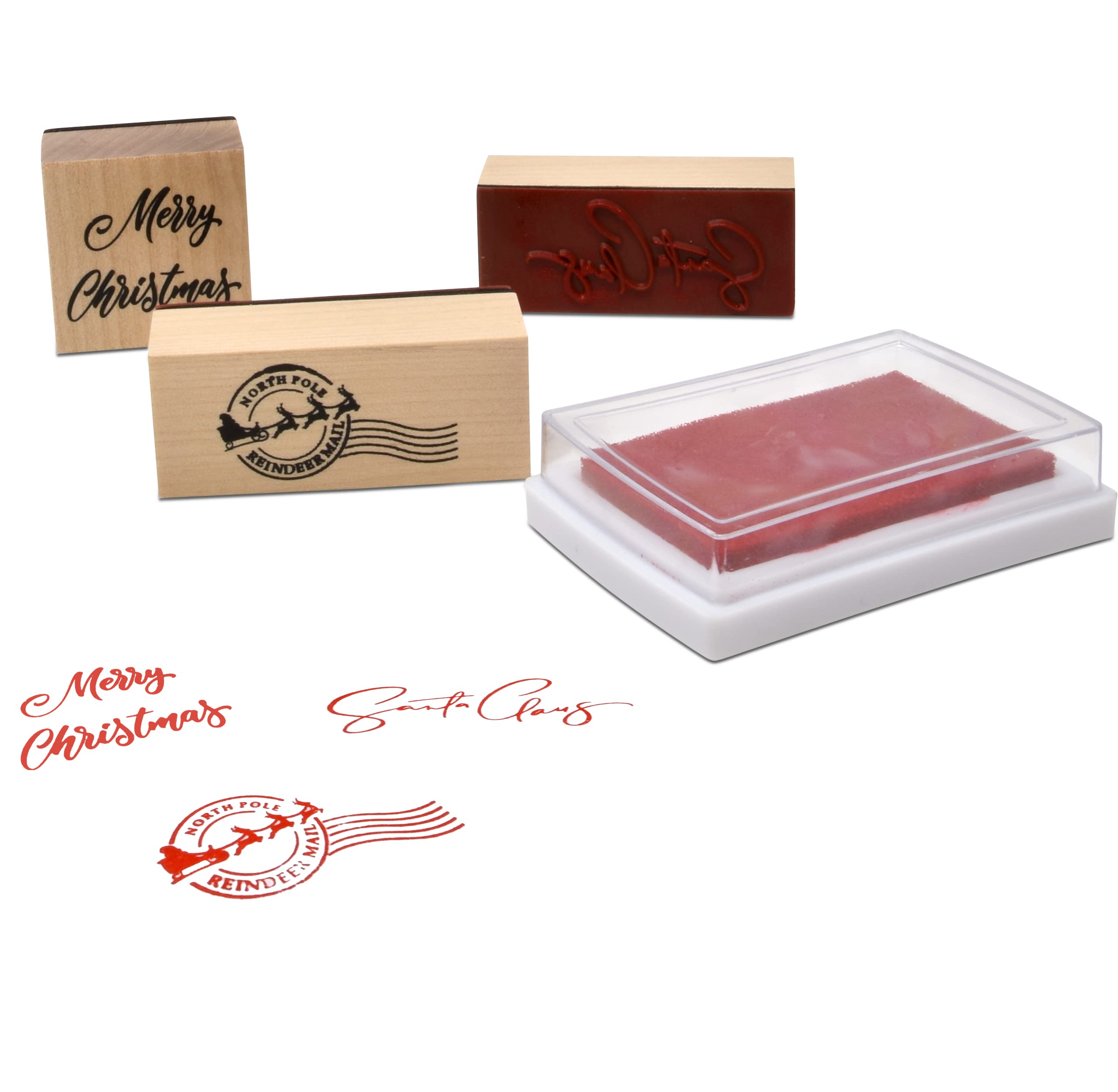 Christmas Wooden Rubber Stamps Set of 3 Merry Christmas Santa Claus Signature and North Pole Reindeer Mail Stamp with Red Ink Pad for Holiday Xmas Letter Envelopes Gifts Letters to and from Santa