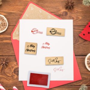 Christmas Wooden Rubber Stamps Set of 3 Merry Christmas Santa Claus Signature and North Pole Reindeer Mail Stamp with Red Ink Pad for Holiday Xmas Letter Envelopes Gifts Letters to and from Santa