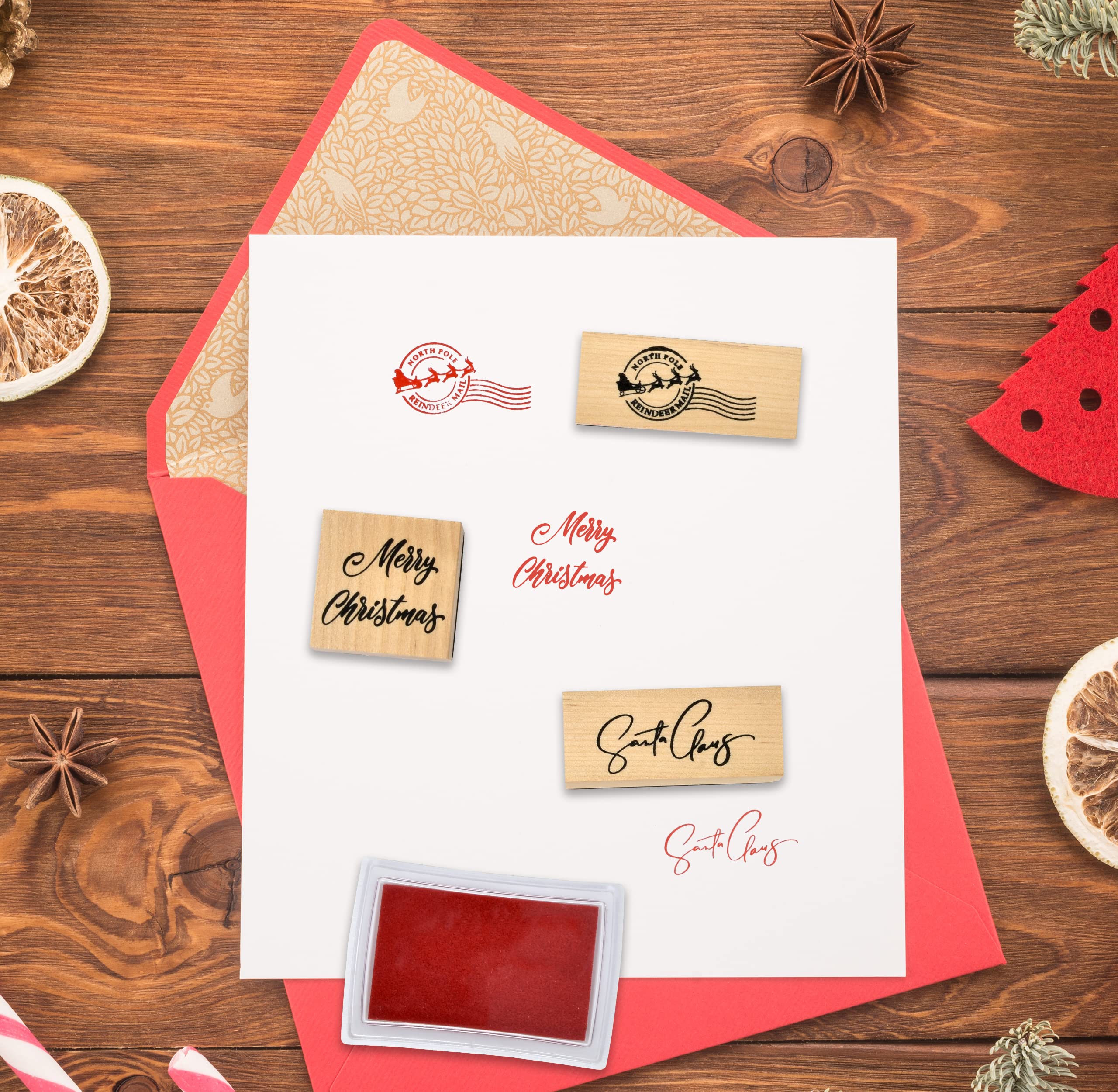 Christmas Wooden Rubber Stamps Set of 3 Merry Christmas Santa Claus Signature and North Pole Reindeer Mail Stamp with Red Ink Pad for Holiday Xmas Letter Envelopes Gifts Letters to and from Santa