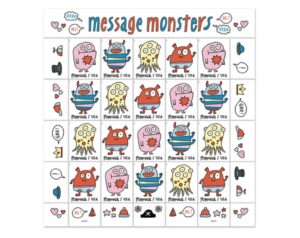 usps message monsters (sheet of 20) postage forever stamps playful theme, birthday, engagement, new job, party, invitations celebrations 2021 scott #5636-5639