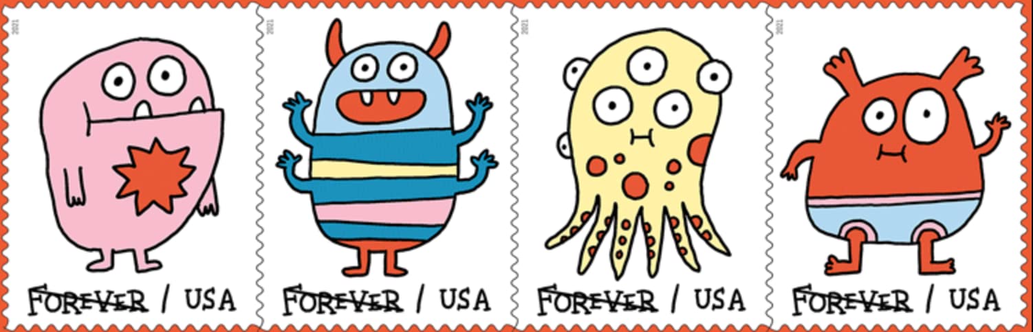 USPS Message Monsters (Sheet of 20) Postage Forever Stamps Playful Theme, Birthday, Engagement, New Job, Party, Invitations Celebrations 2021 Scott #5636-5639