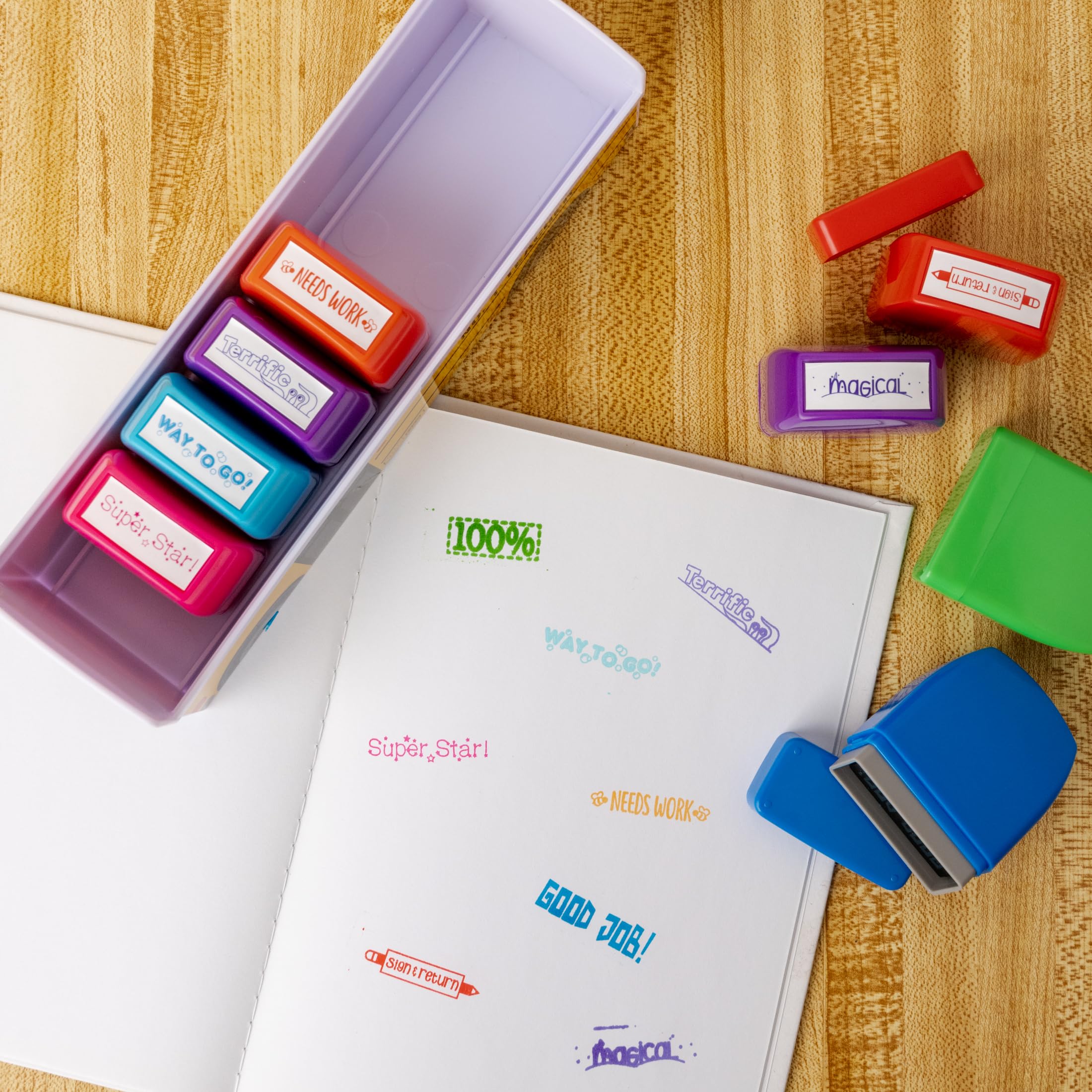 Teacher Stamps - Self Inking Motivational Encouraging and Colorful Set for School Classroom and Homeschool Setting (Set of 8)