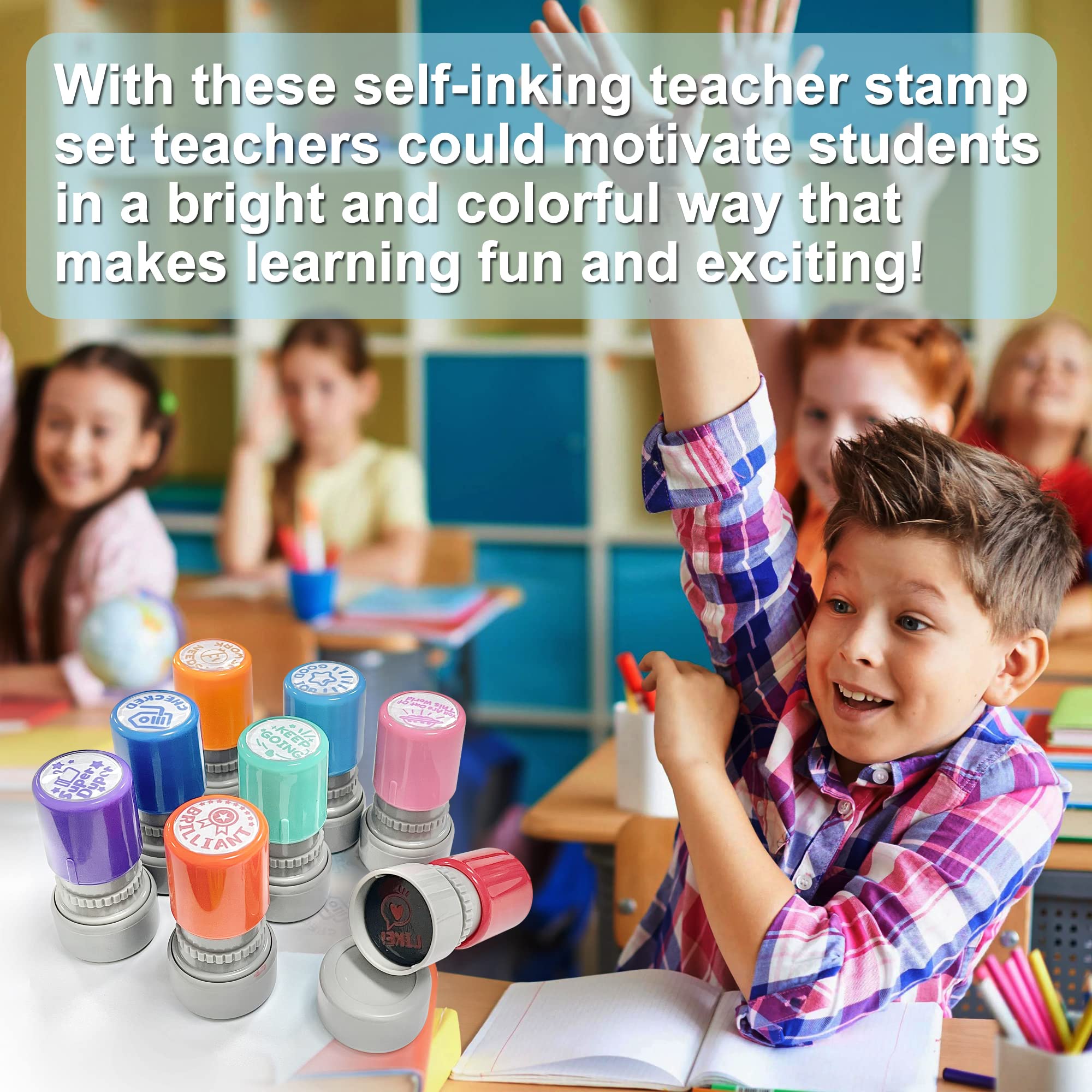 Round Teacher Stamps for Grading Classroom, Set of 8 Color Rubber Teacher Self-Inking Stamp Set for Homework Teacher Supplies