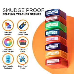 Tickselect Teacher Stamps for Classroom Grading 8PCS – Rectangular Self Inking Stamps Set for Teachers with Different Messages –Homeschool & Teacher Supplies – Comes with Bonus Storage Tray