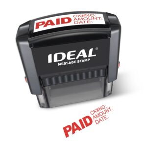 Self Inking Stamp – English Text Paid with Fill-in Fields Check No, Amount, Date – Red Ink, Impression Size 11/16” x 1-7/8”