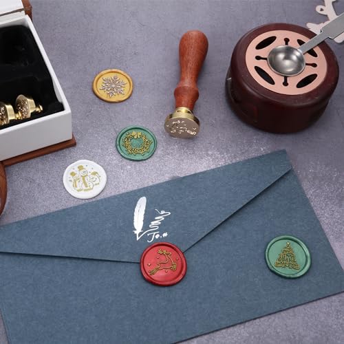 Yoption Christmas Wax Seal Stamp Gift Box Kit, 6pcs Merry Christmas Sealing Wax Stamp Heads with 1 Wooden Hilt Set, Wax Stamp Kit for Party Invitation Card Gift Decoration (Merry Christmas Series)