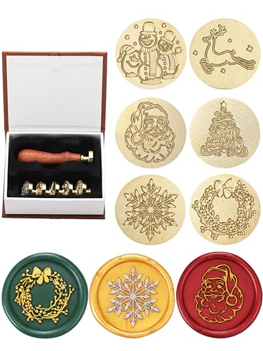 Yoption Christmas Wax Seal Stamp Gift Box Kit, 6pcs Merry Christmas Sealing Wax Stamp Heads with 1 Wooden Hilt Set, Wax Stamp Kit for Party Invitation Card Gift Decoration (Merry Christmas Series)