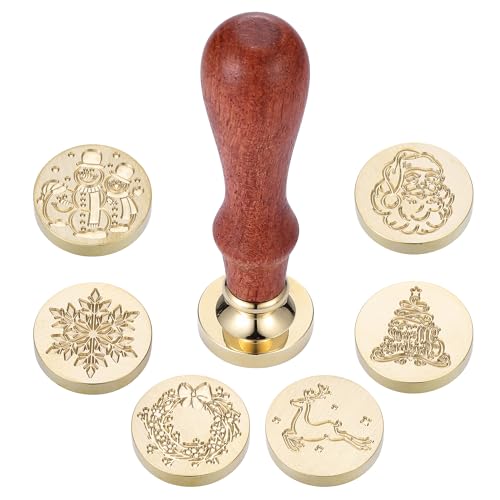 Yoption Christmas Wax Seal Stamp Gift Box Kit, 6pcs Merry Christmas Sealing Wax Stamp Heads with 1 Wooden Hilt Set, Wax Stamp Kit for Party Invitation Card Gift Decoration (Merry Christmas Series)