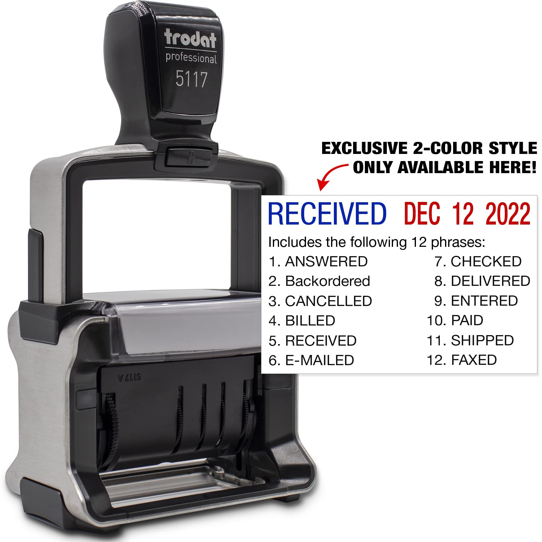 Rubber Stamp Creation - 5117 Professional 12-Message Stamp w/Dater, Self-Inking, Blue/Red 2 Color Ink