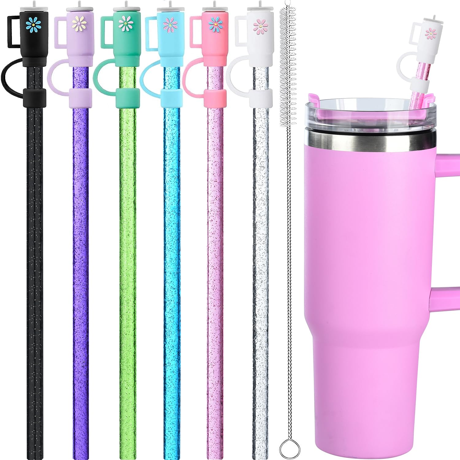 12 Pack Replacement Glitter Straws and Covers for 40 oz Stanley Adventure Travel Tumbler Cup, Reusable Glitter Straws with Cleaning Brush, Compatible with 40oz 30oz 20oz 14oz Stanley Water Jug, 12inch