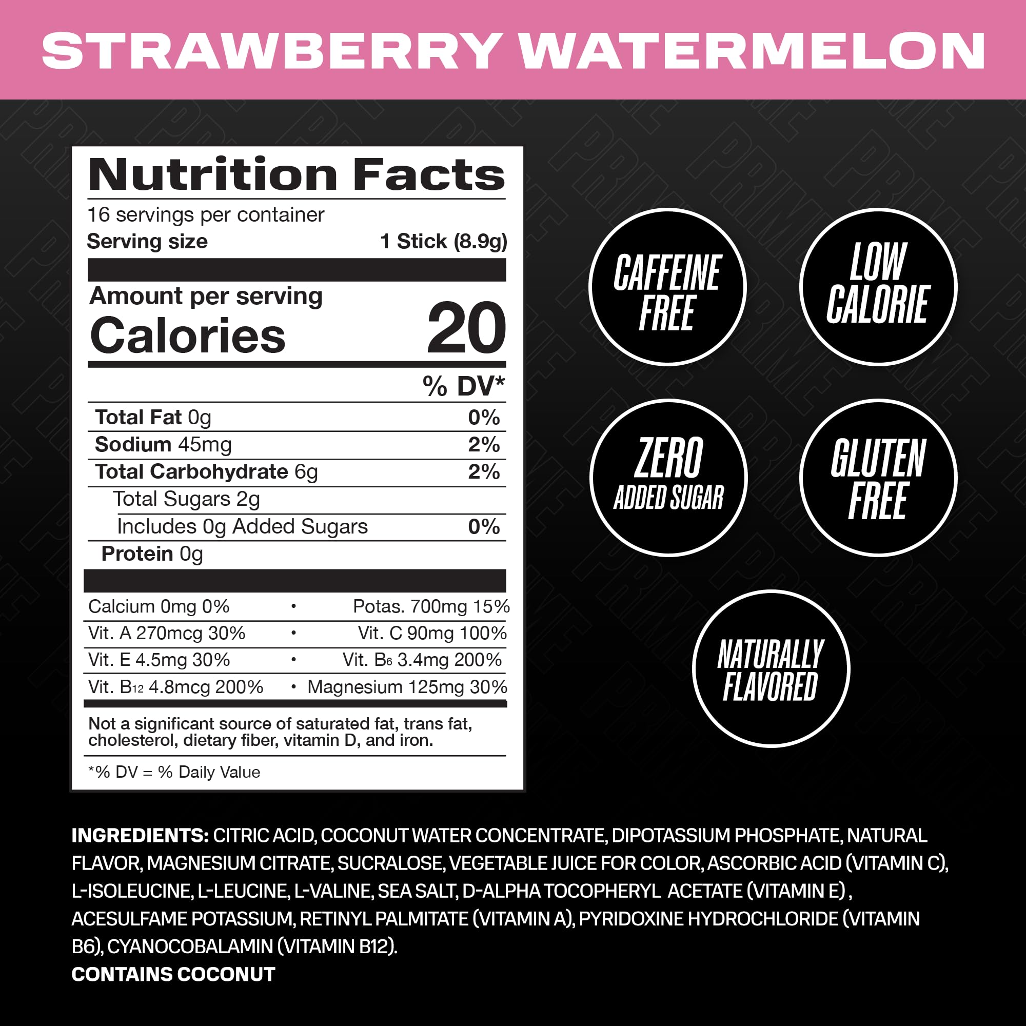 PRIME HYDRATION+ Sticks Strawberry Watermelon | Hydration Powder Single Serve Sticks | Electrolyte Powder On The Go | Low Sugar | Caffeine-Free | Vegan | 16 Sticks