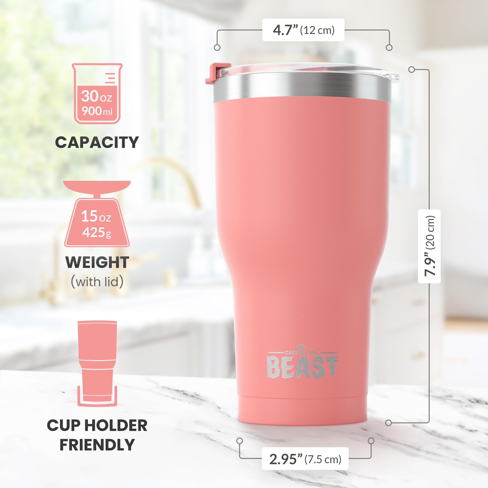 Beast 30 oz Tumbler Stainless Steel Vacuum Insulated Coffee Ice Cup Double Wall Travel Flask (Blossom Pink)