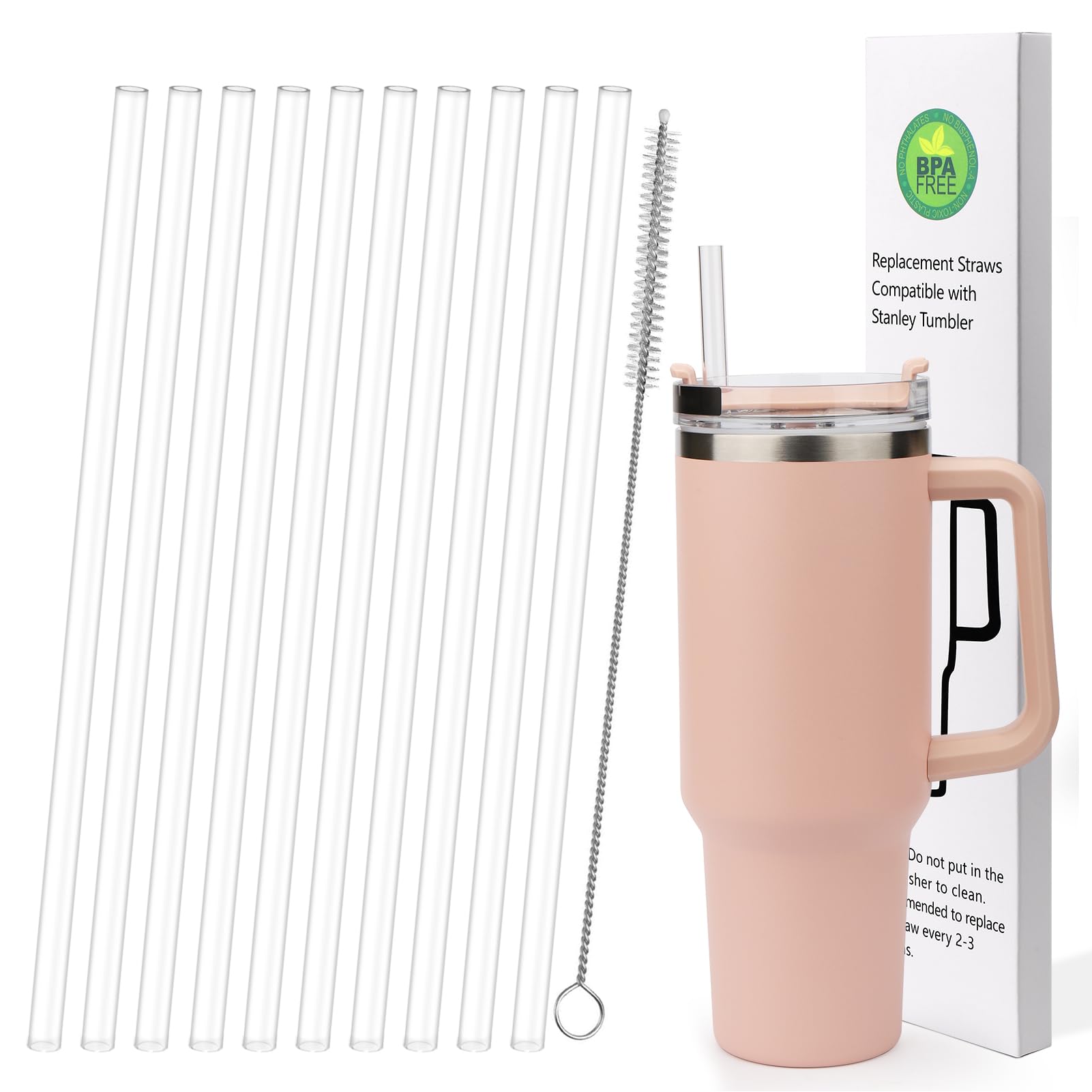 AIERSA 10 Pack Replacement Straws Compatible Stanley 40oz Tumbler,Plastic Clear Reusable Straw for Stanley Adventure Quencher Travel Tumbler,Long Straws with Cleaning Brush for Stanley Cup Accessories