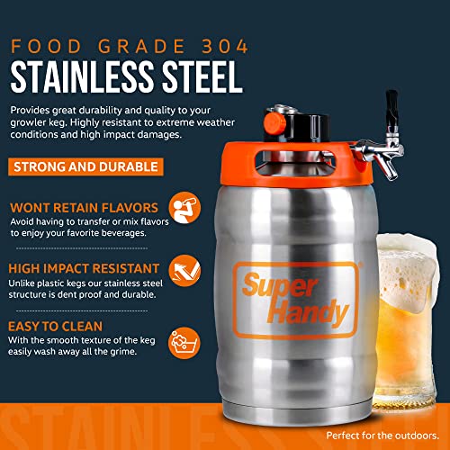 SuperHandy Beer Keg Growler (170 oz) Portable Carbonated Beverage Dispenser, PSI Regulator Cap, High-Capacity 1.3 Gal, Double-Wall Vacuum Insulation (CO2 Cartridges Included)