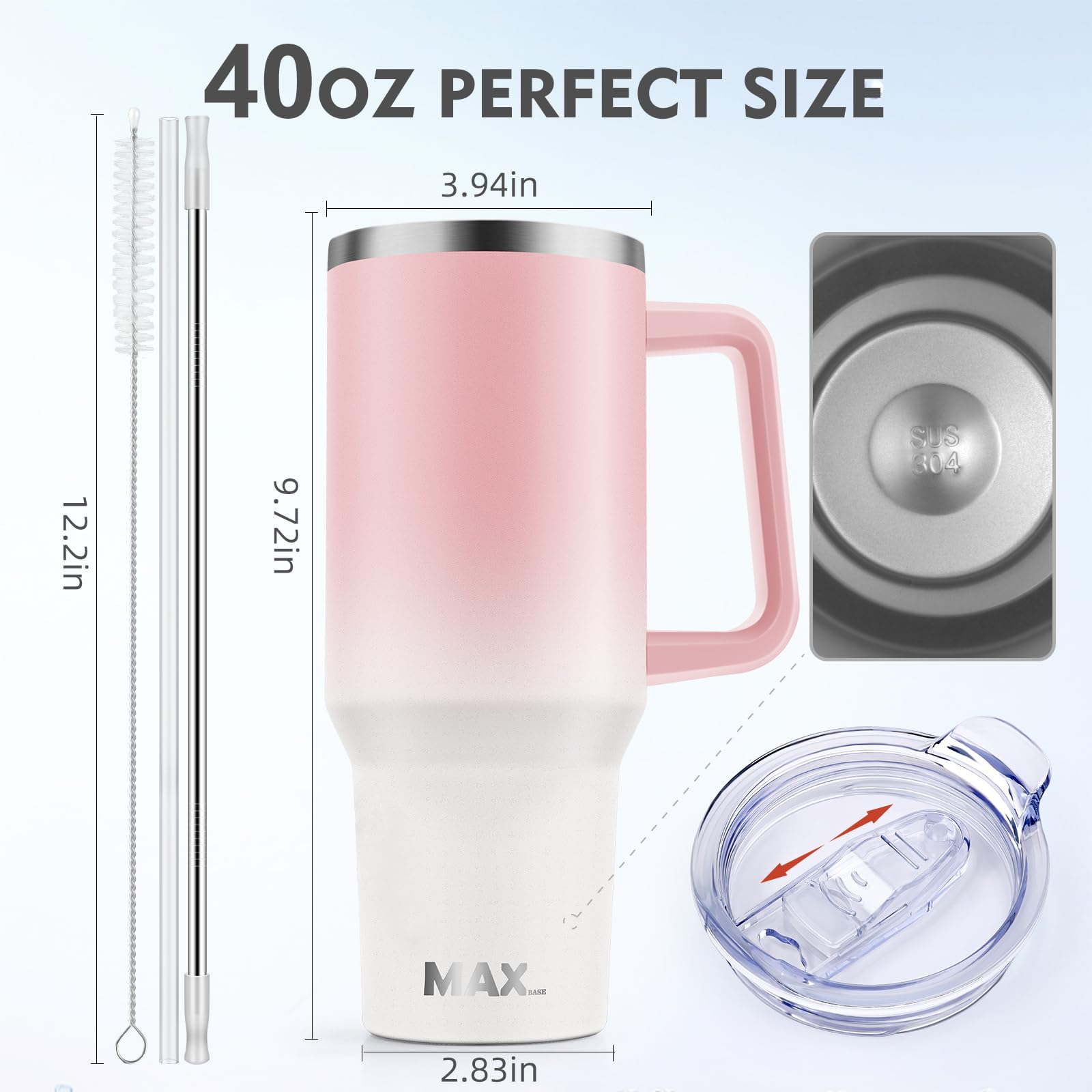 MaxBase 40 oz Tumbler with Handle and Straw Lid, Insulated Reusable Stainless Steel Travel Mug Keeps Drinks Cold up to 34 Hours, 100% Leakproof Bottle for Water, Iced Tea or Coffee, Smoothie and More